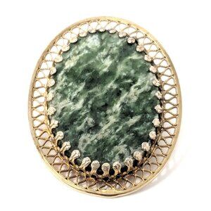 Vintage Spinach green jade Brooch 10K gold plated 1.5" Oval Filigree frame Prong
